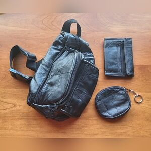 Black Leather Patchwork Fanny Pack with Matching Wallet and Coin Purse